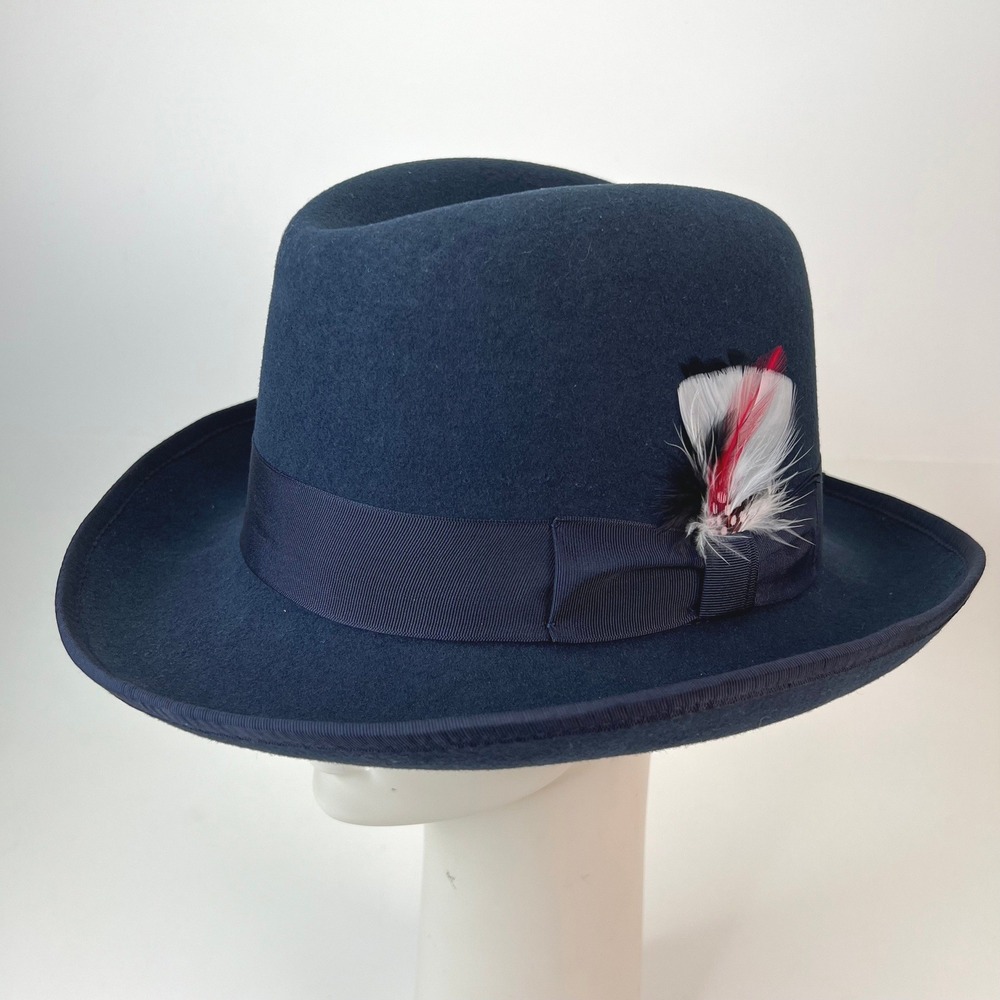 Ferrecci Godfather Hat‎ Navy Blue Wool Felt Ribbon Band Formal Mens Size L